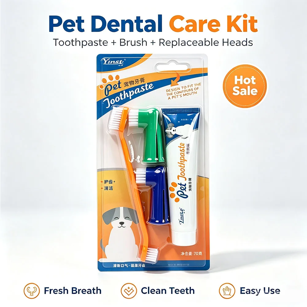 Pet Oral Cleaning Kit Beef Vanilla Flavor Toothpaste Dual-End Toothbrush Finger Brushes for Dogs Cats Daily Teeth Care