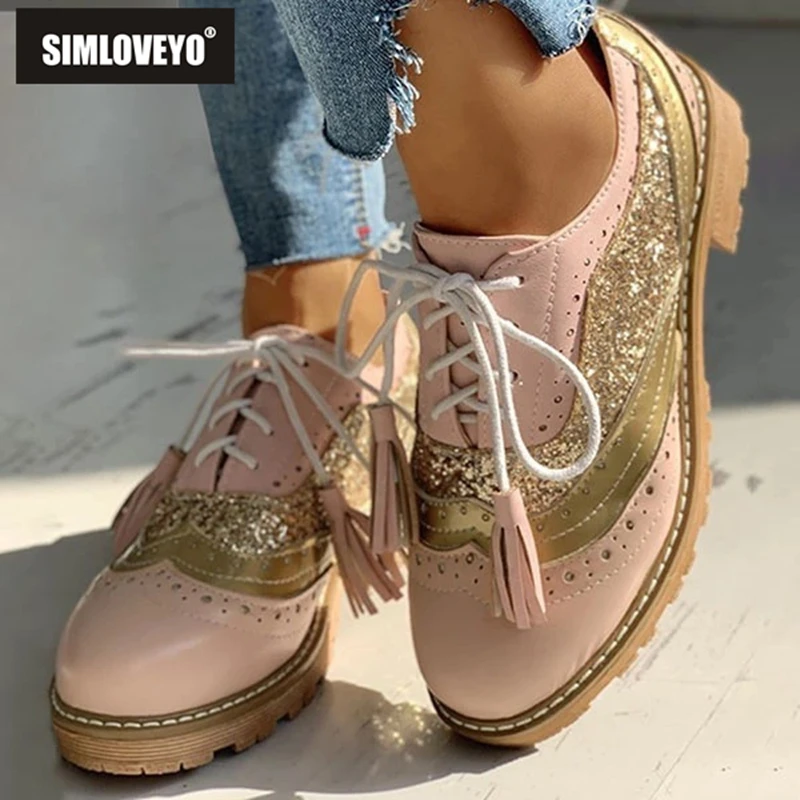 

SIMLOVEYO 2025 New Design Women Pumps Round Toe Lace Up Thick Heels Bling Mixed Color Plus Size 41 42 43 Leisure Daily Shoes