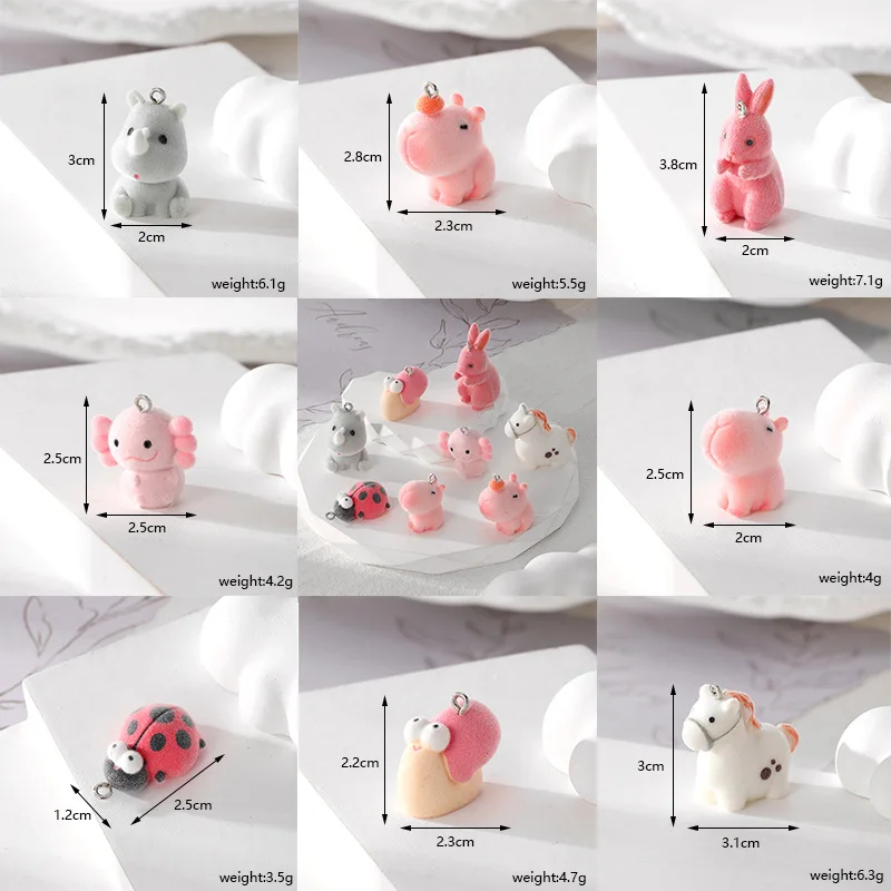 20Pcs 3D Cute Flocked Rabbit Cow Doll Charms Cartoon Animal Plush Resin Pendant For Phone Bag Keychain Earrings Diy Jewelry Make