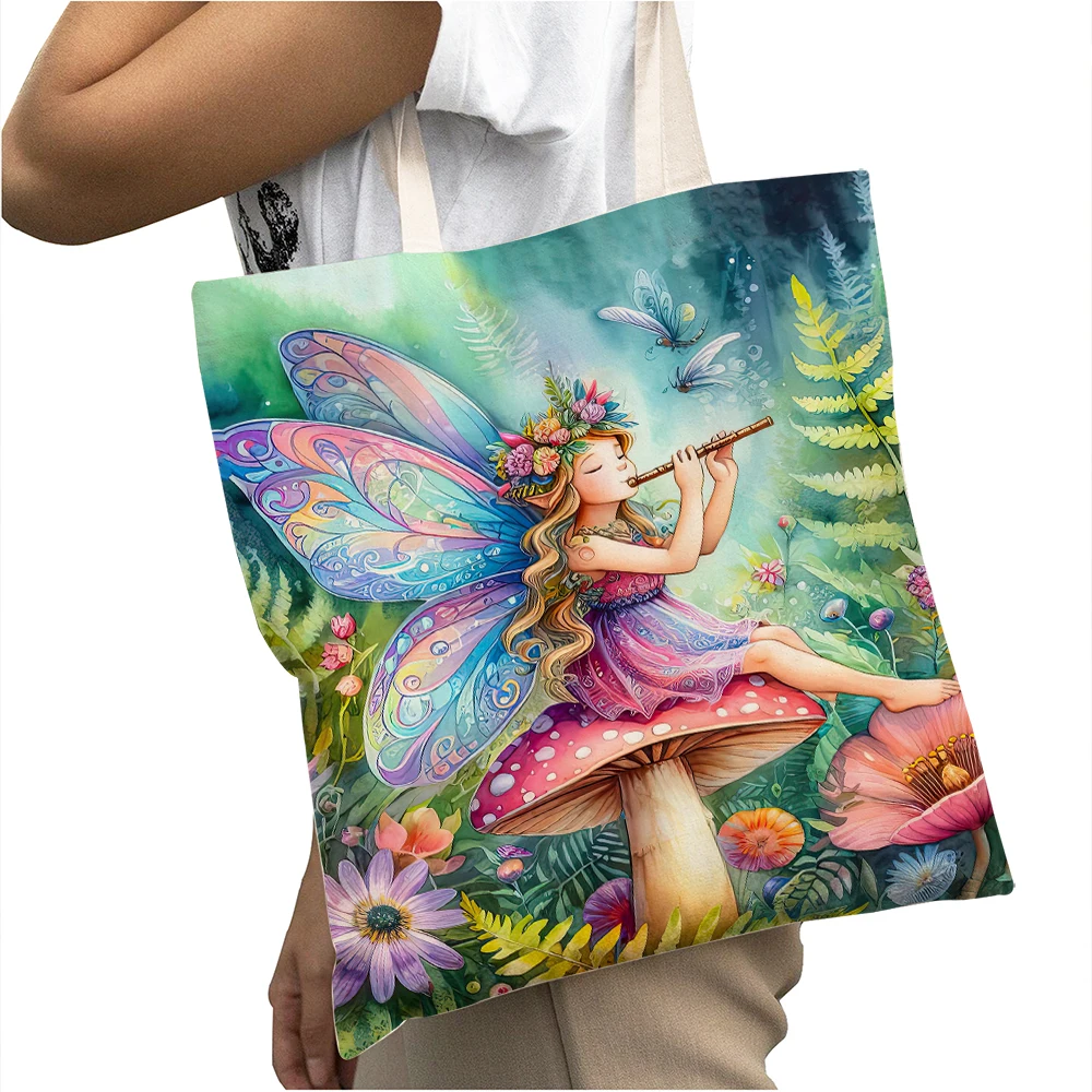 Fairy Tale Butterfly Angel Women Shopping Bags Cartoon Girl Daily Use Handbag Big Capacity Double Print Lady Shopper Bag