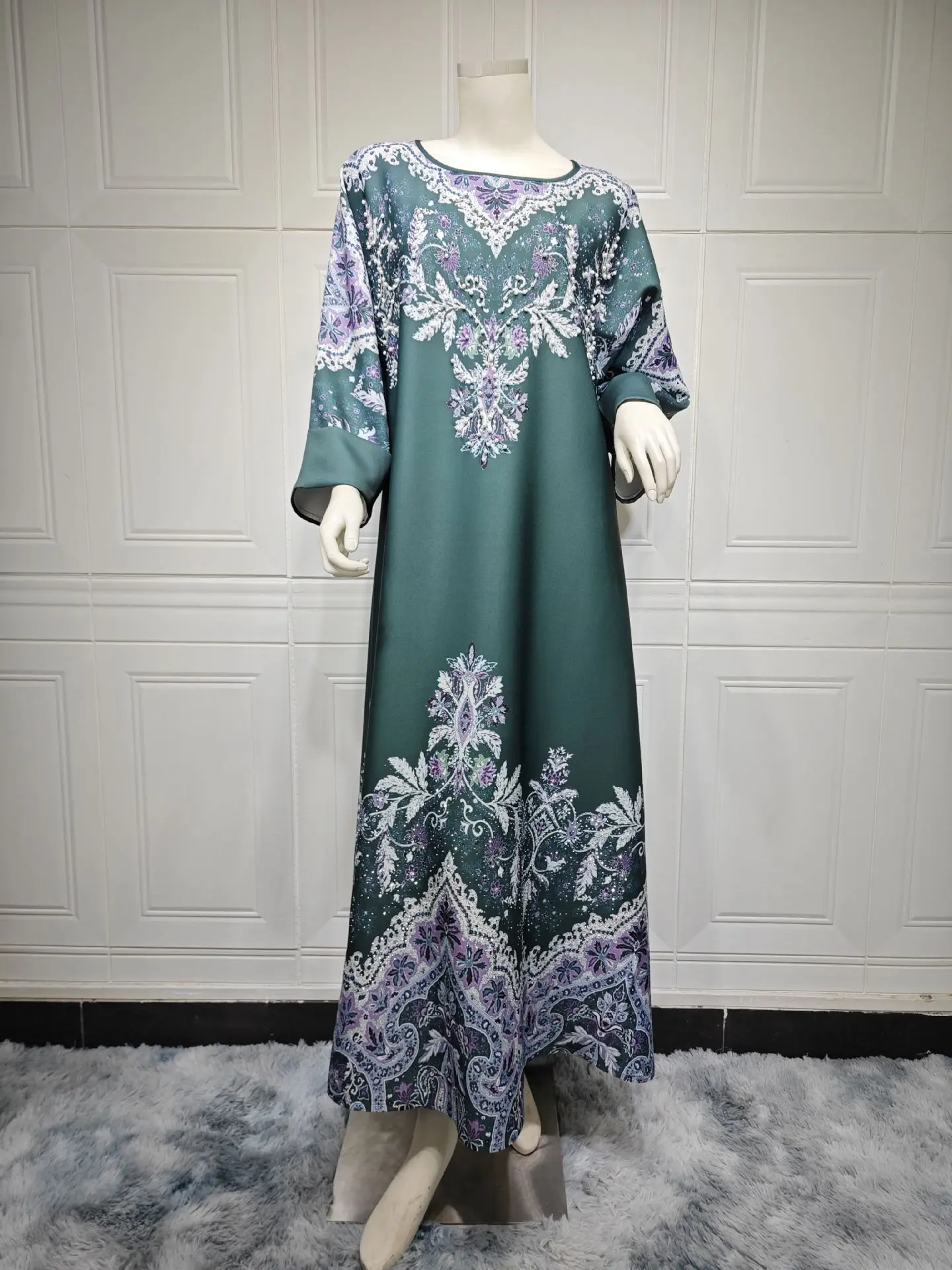 Middle Eastern Abaya Muslim Jalabiya Pullover Printed Flower Rhinestone Long Loose Maxi Abaya Robe Women's Dress