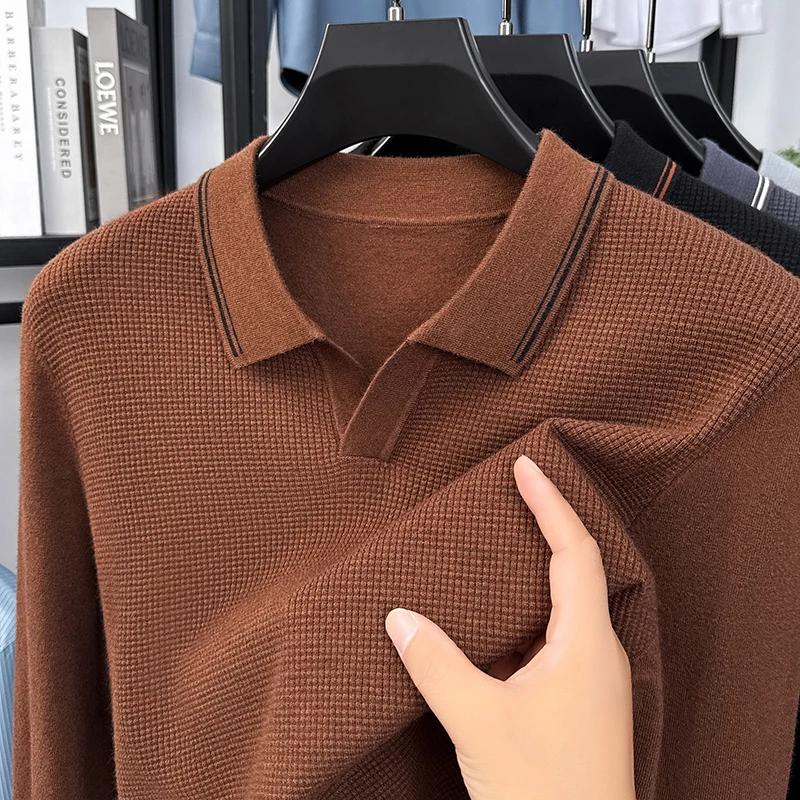 

Высококачественный брендовый мужской трикотаж с лацканами и небольшим v-образным вырезом, длинными рукавами, осень-зима, новый однотонный вафельный свитер, повседневная трендовая мужская одежда