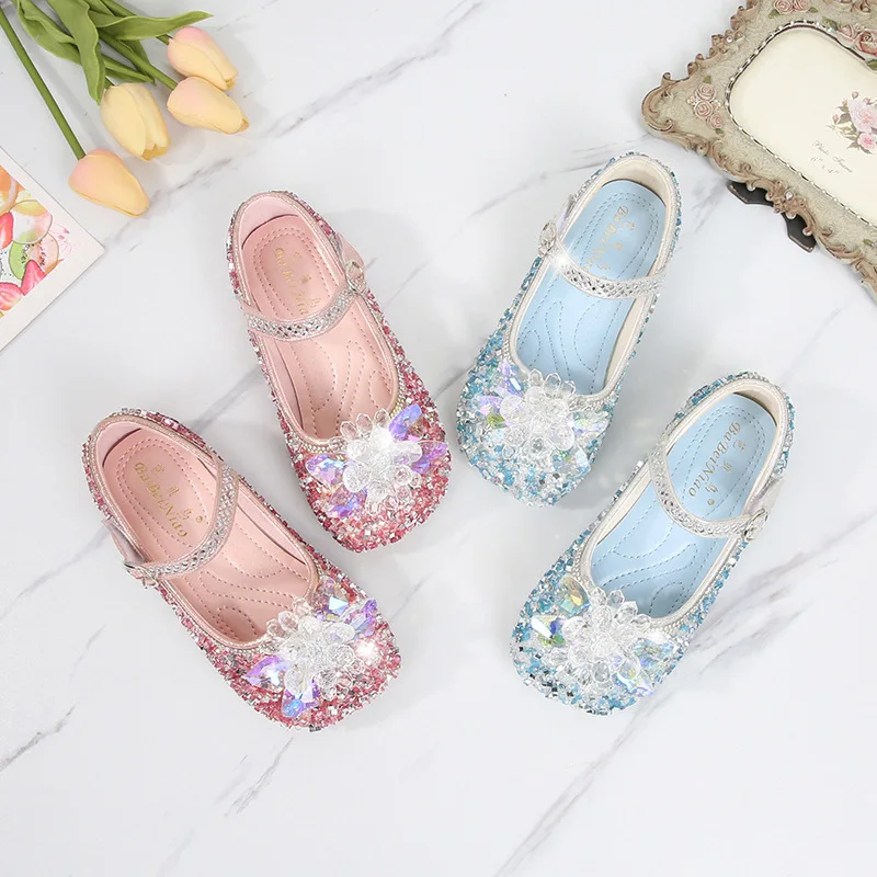 Zapatos de princesa para niñas, calzado de cuero con diamantes de imitación, azul, rosa, ostentoso, Mary Janes