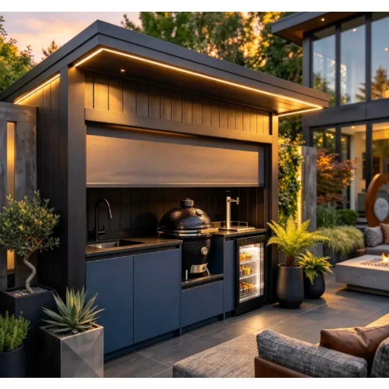 New design 304 stainless steel outdoor kitchen module with roller blinds, high quality outdoor barbecue kitchen shed