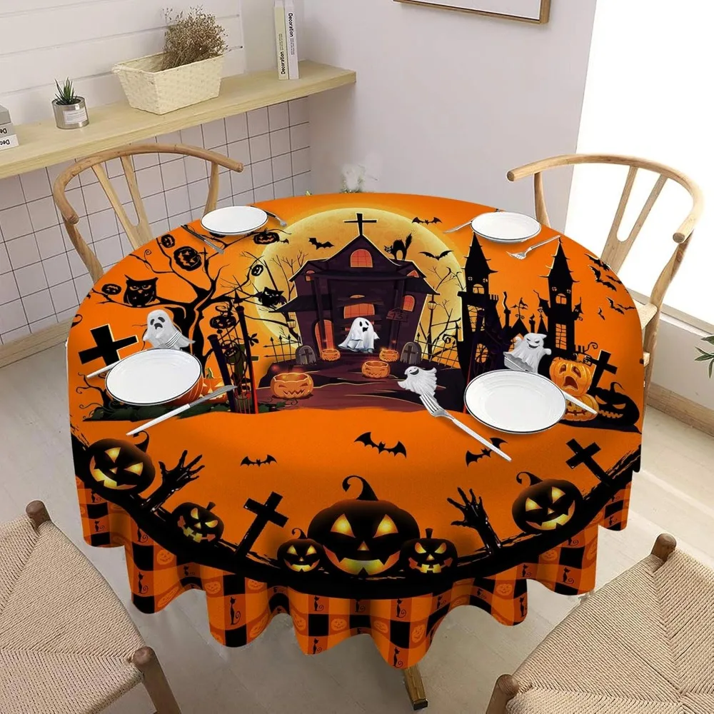 Halloween Tablecloth Round 60 Inches Square, Halloween Table Cloth, Pumpkin Castle Ghost Tablecloths For Home Kitchen