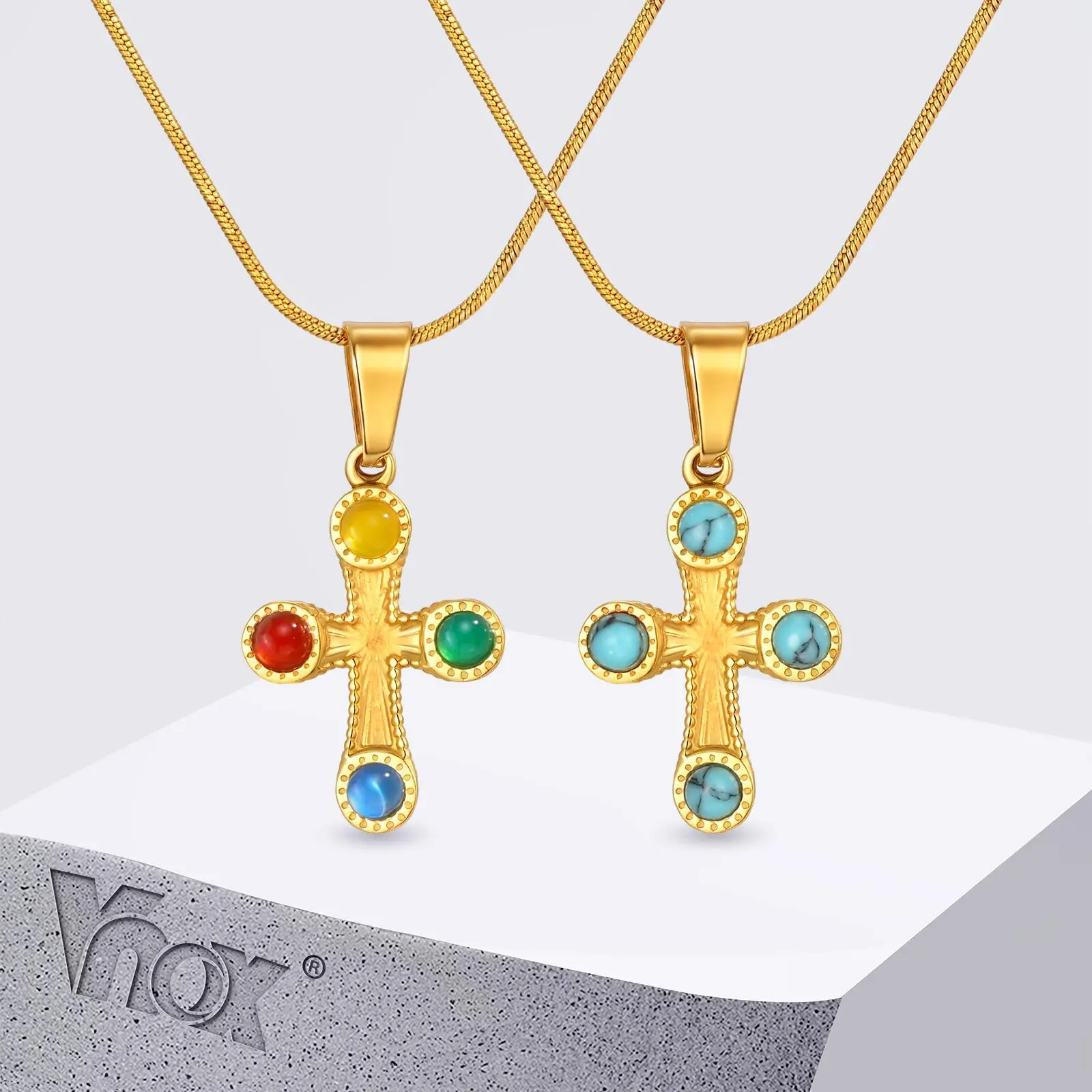 

Vnox Luxury Multicolor Natural Stone Cross Necklace, Stainless Steel Holy Religion Cross Pendant, Female Blessing Prayer Jewelry