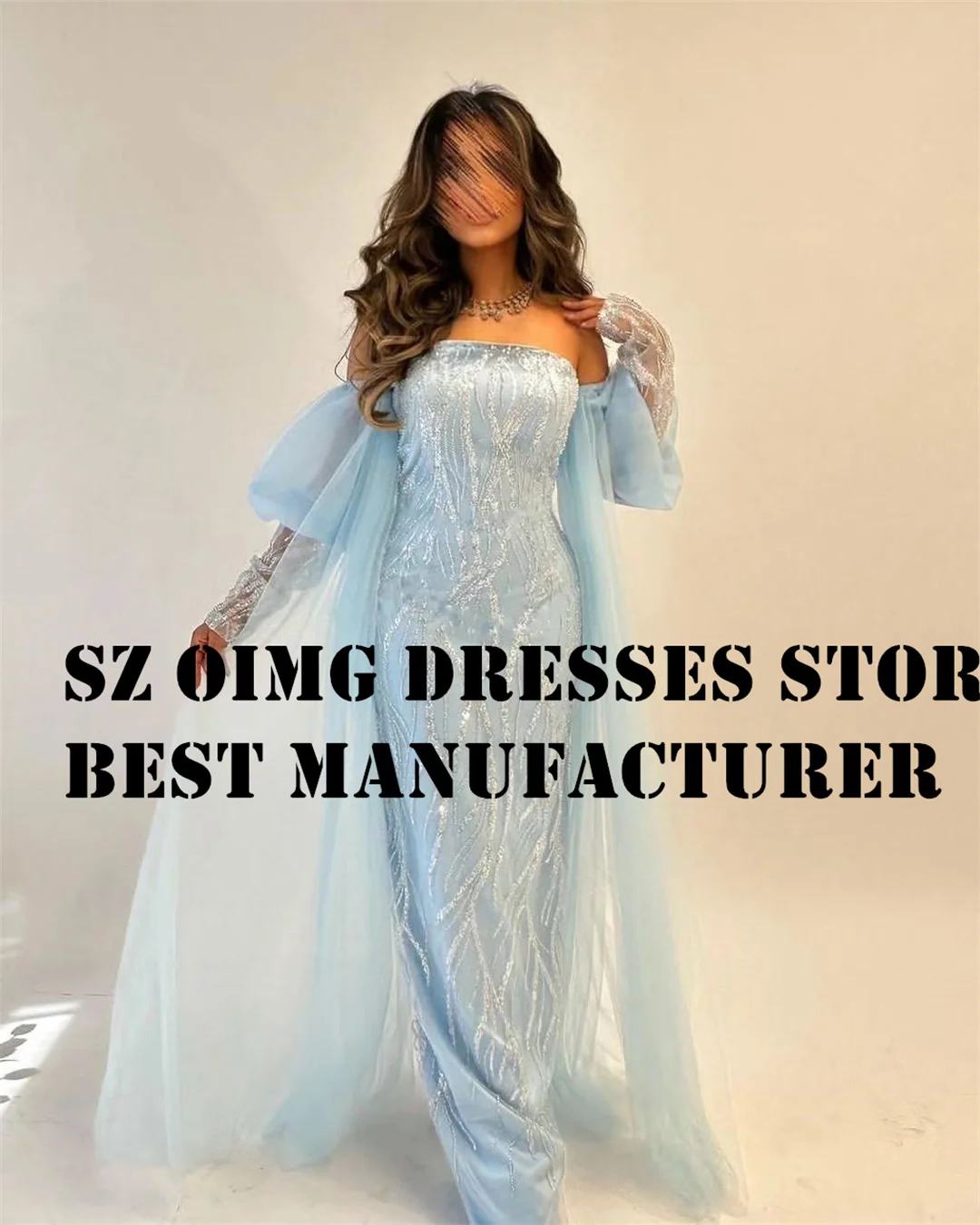 

OIMG Long Prom Dresse Arabic Puff Sleeve Floor Length Sky Blue Sequined Elegant Women Evening Gowns Formal Party Dress