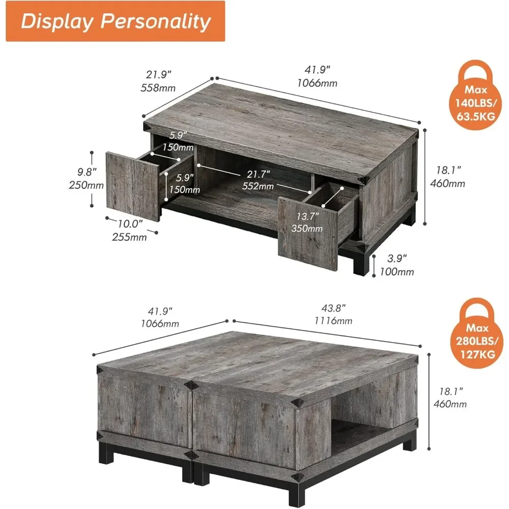 Coffee Table with Storage Drawers, Square Tea Tables with Double Storage Shelves, LED Coffee Table