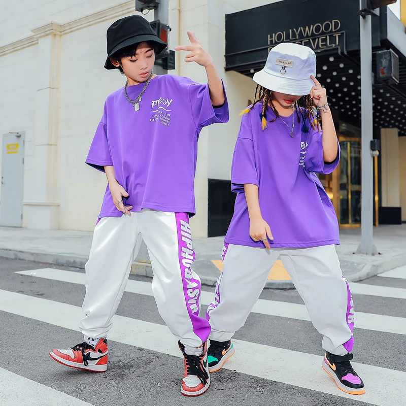 Korte Mouwen Outfit Hip-Hop Broek Jazz Dance Wear Zomer Kids Hiphop Jongens Meisjes Street Dance Kostuum Paarse T-Shirts