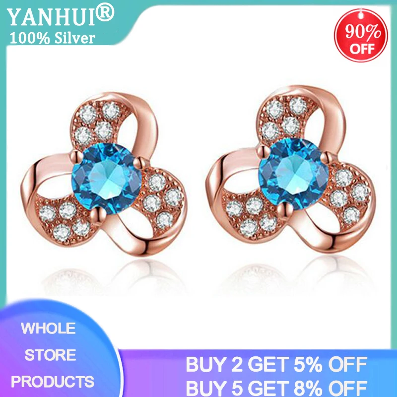 YANHUI Tibetan Silver Rose Gold Color Pavé Blue Crystal CZ Flower Earrings Women Simple Fashion Wedding Jewelry Gift