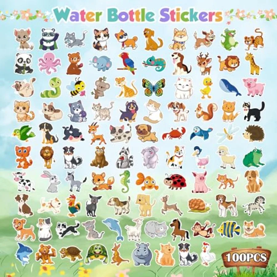 100 PCS Water Bottle Stickers for,Cute Animal Aesthetic Sticker Pack - Vinyl Kawaii Stickers for Girls Boy Classroom Prizes, Pa