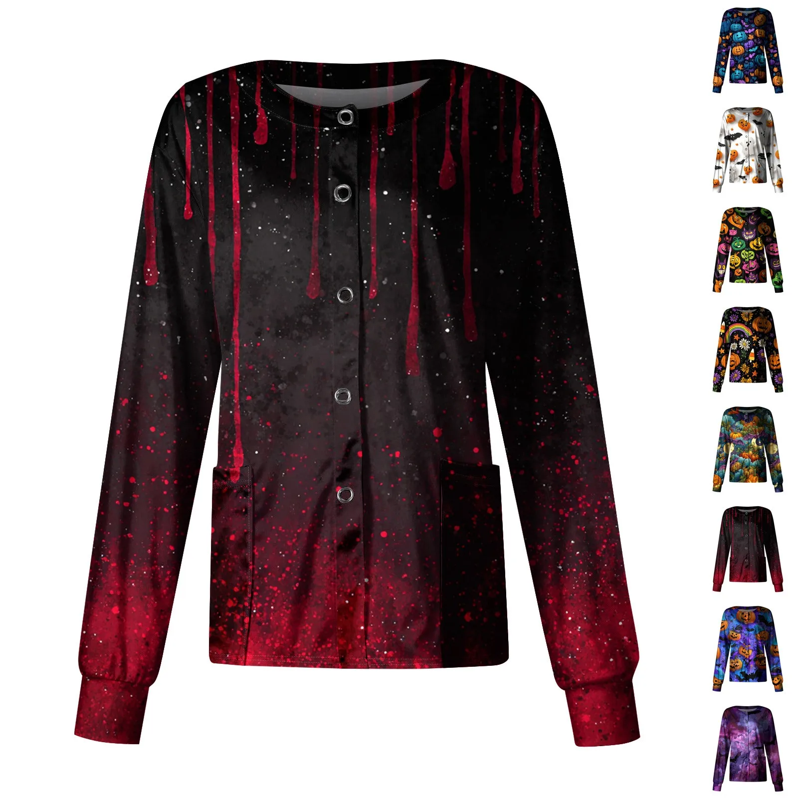 

2025 Halloween Theme Women's Nurse Uniform Cartoon Printing Surgical Uniform Doctor's Clinic Dental Working Cardigan