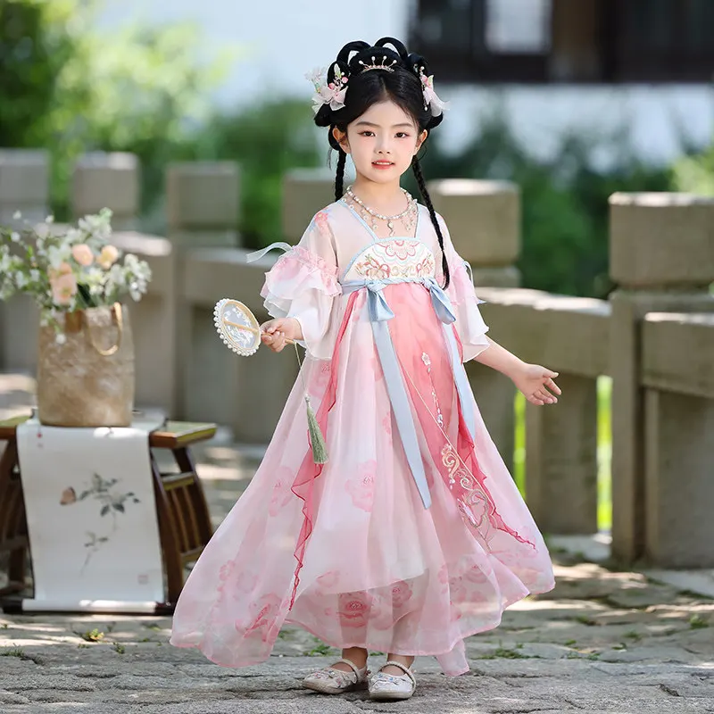 

Summer girls Hanfu, children's high-end super fairy short-sleeved skirt, little girl antique elegant princess skirt