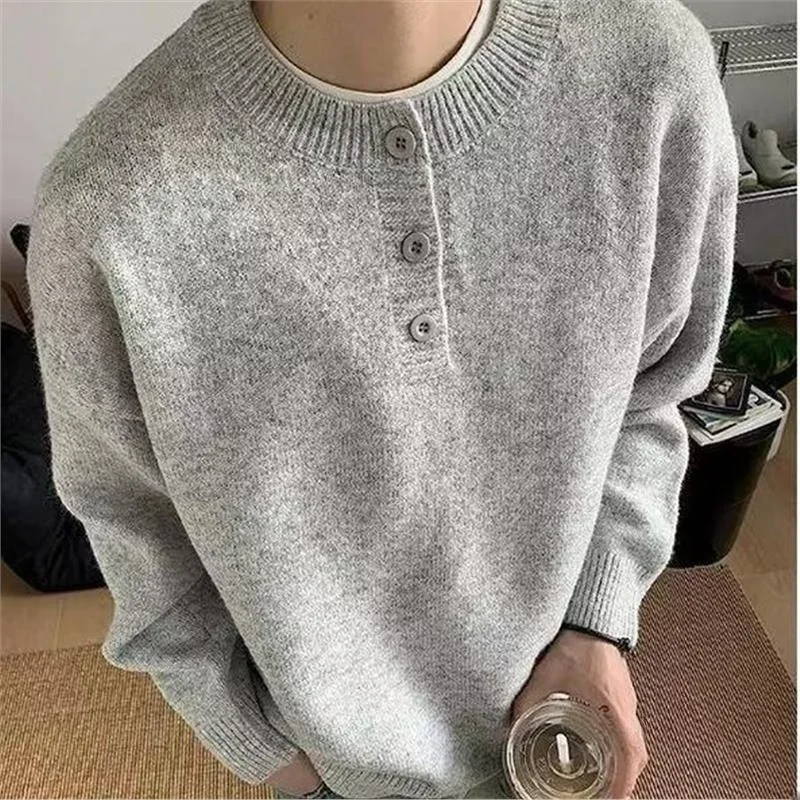 Lazy Style Men's Sweater Casual Loose Fit Base Layer Shirt American Retro Grey Knitted Shirt Autumn Winter New Arrival