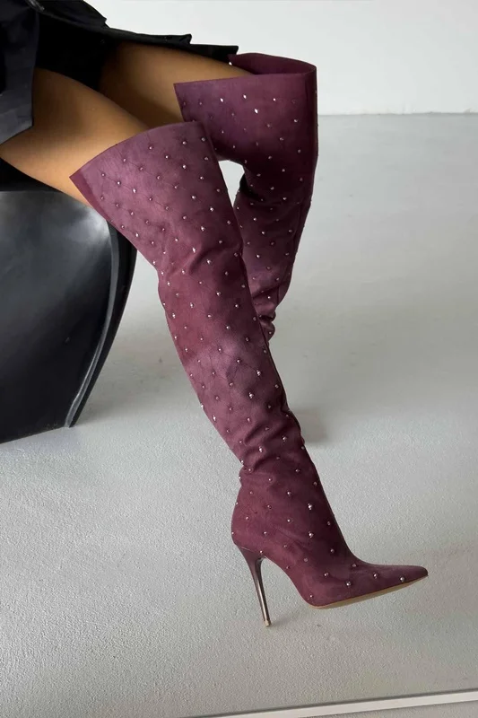 Metal Rivet Slouchy Over The Knee Boots Sexy Pointed Toe Stiletto Zipper Customized New Arrivals Fashion Women Modern Boots