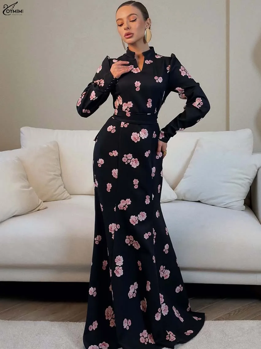 Oymimi Fashion Black Print Women's Dresses Elegant Stand Neck Long Sleeve Button Lace-Up Dresses Autumn Floor-Length Skirts Sets