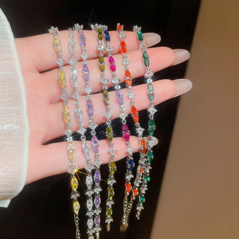 

Minar Exquisite Candy Color CZ Cubic Zircon Water Drop Beaded Strand Bracelets for Women Silver Plated Copper Casual Accessories