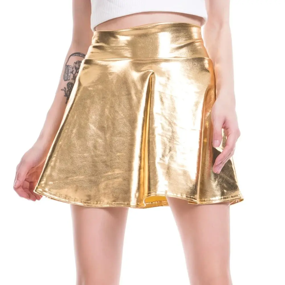 

Elegant Elegant Metallic Pleated Skirt Retro Gold Silver Shiny Short Dress Flared Design Elastic A-line Short Skirt Party Wear