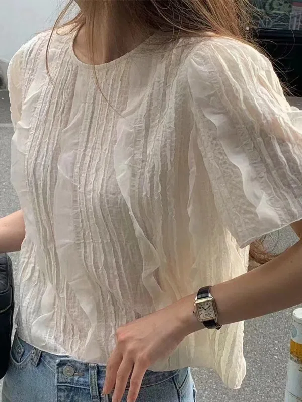 Camisa Feminina Elegante Solta, Novo Estilo de Verão, Top de Cor Pura com Design Sensacional, Borda de Madeira 3D, Moda Casua...
