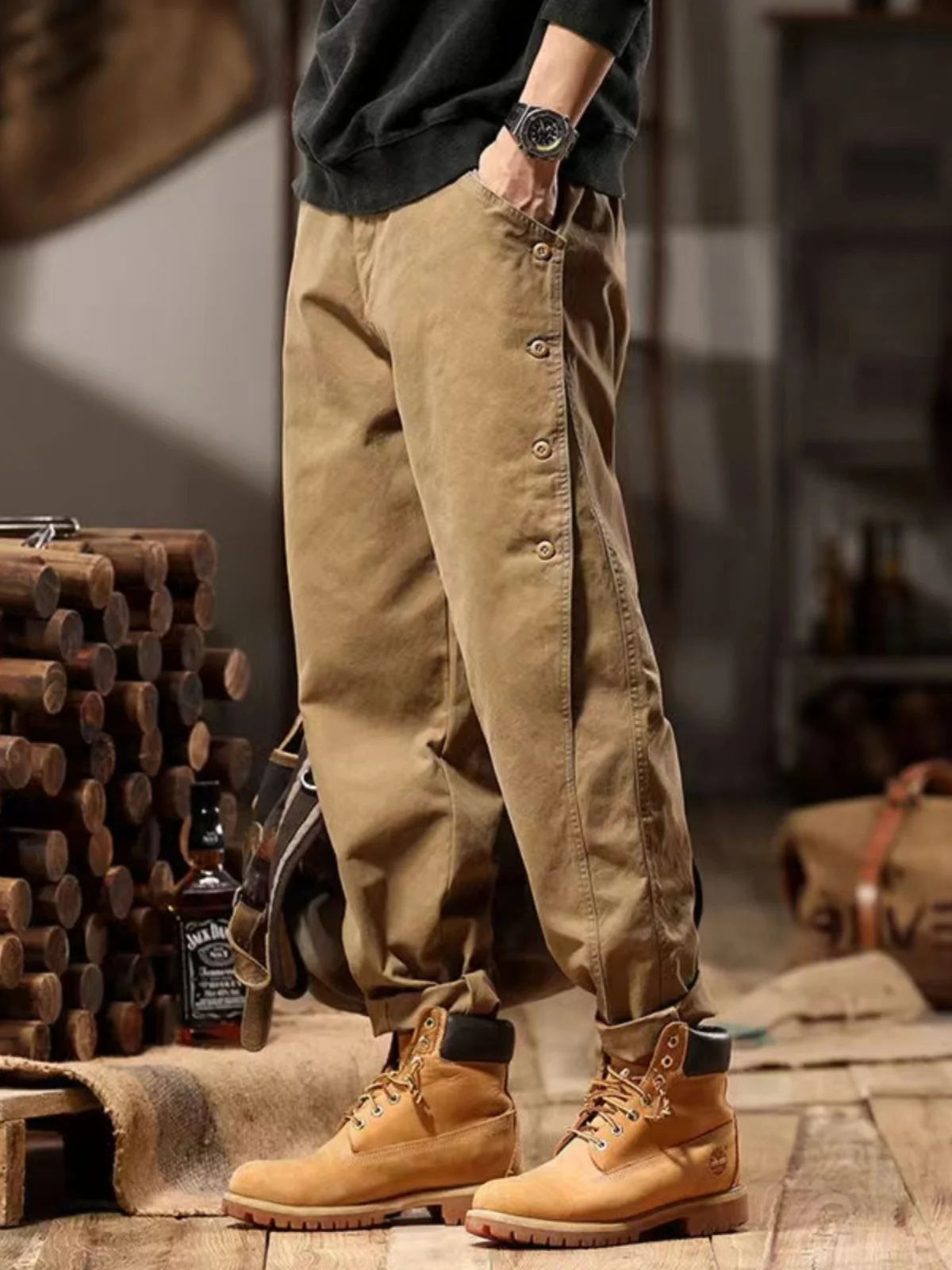 

Мужские повседневные хлопковые рабочие брюки на пуговицах, свободные прямые широкие брюки, осень-зима, американский ретро, молодежная мода