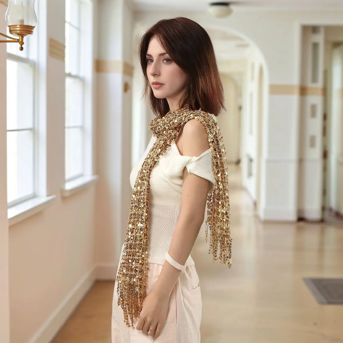 Vintage Golden Sparkle Fransen Schal Party Schal Frauen Luxus Kopftuch Pailletten Deco Wraps Fransen Braut Brautjungfer Hochzeit Cape – Detail 8