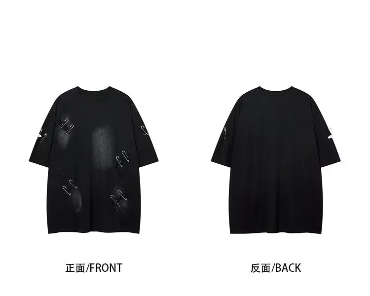 Fashion Men Oversized Vintage Ripped Hole Short Sleeve T Shirt Hip Hop Y2K Mens 100% Cotton O Collared Couple Techwear T Shirts