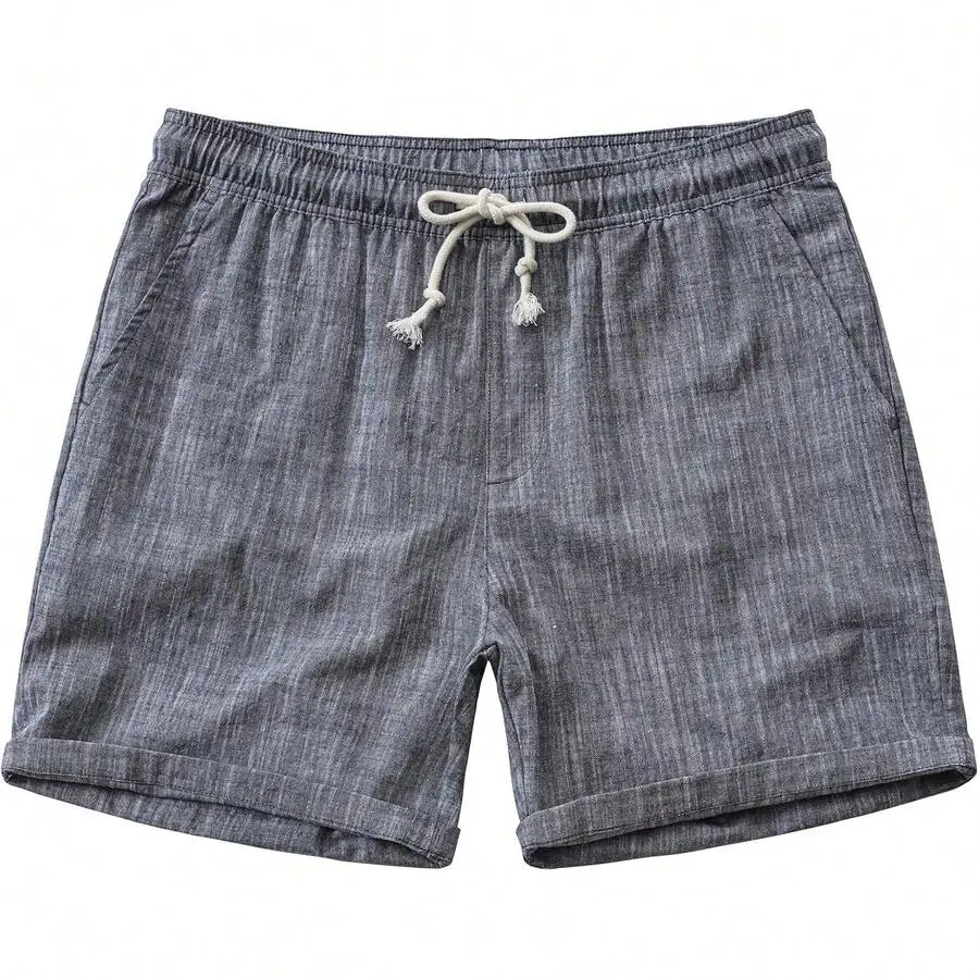 Mens Casual Cotton Linen Blend Shorts 7 Inch Elastic Waist Drawstring Lightweight Summer Beach Shorts