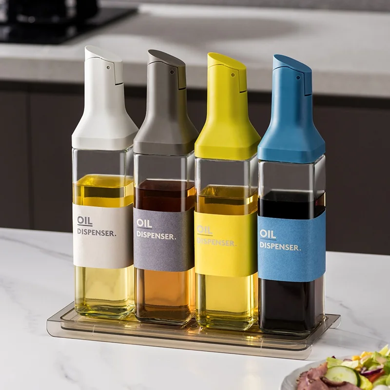 500ML Glass Oil Bottle Opening And Closing Olive Oil Condiment Container Household Kitchen Square Leak-Proof Dispenser Bottle