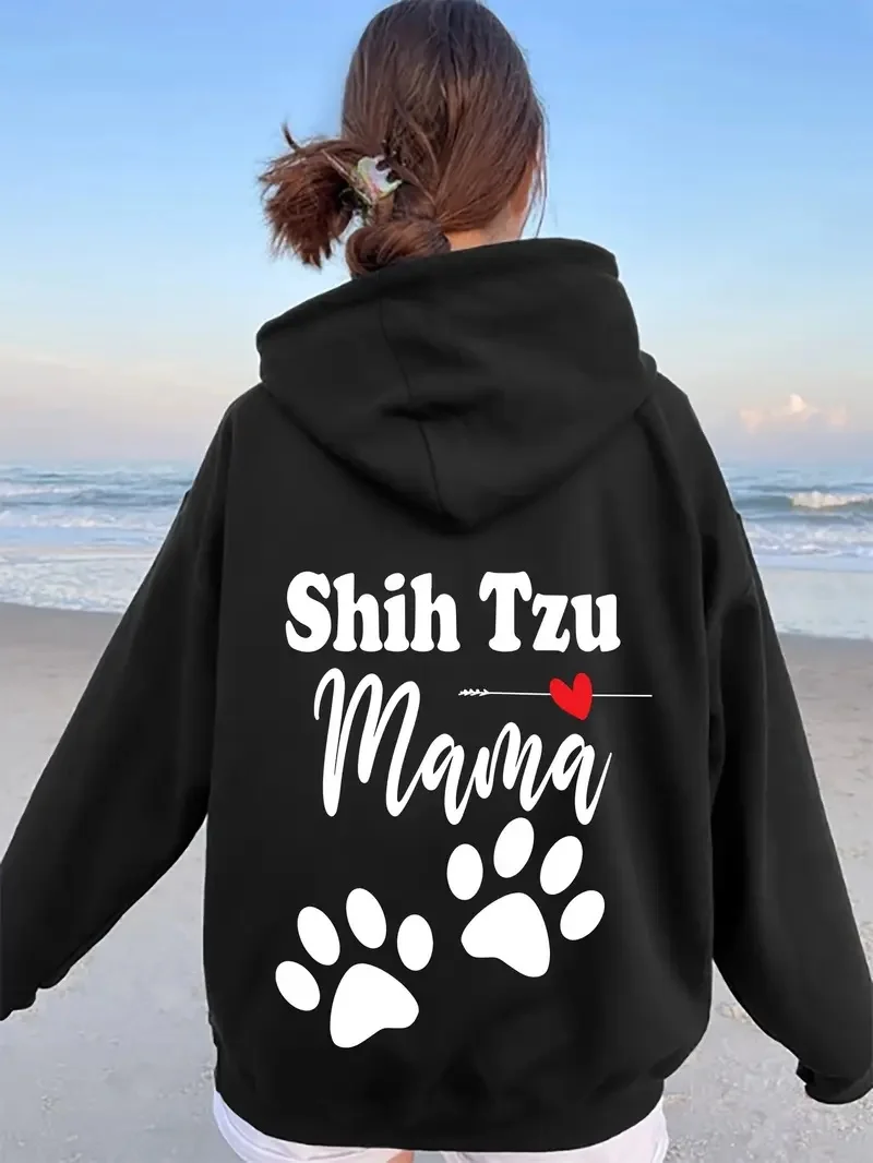 

2025 New Style Letter Pattern Hoodie With Dog Footprint Print - Women's Cotton Breathable Sweatshirt For Pet Lovers' Clothing