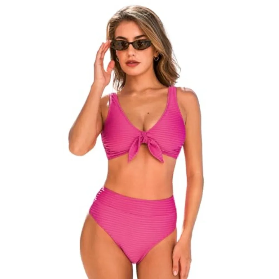 CUPSHE Two Pcs Swimsuit for Women High Waisted V Neck 2026 Bikini Sets Knot Bunny Tie Bathing Suits for Beach