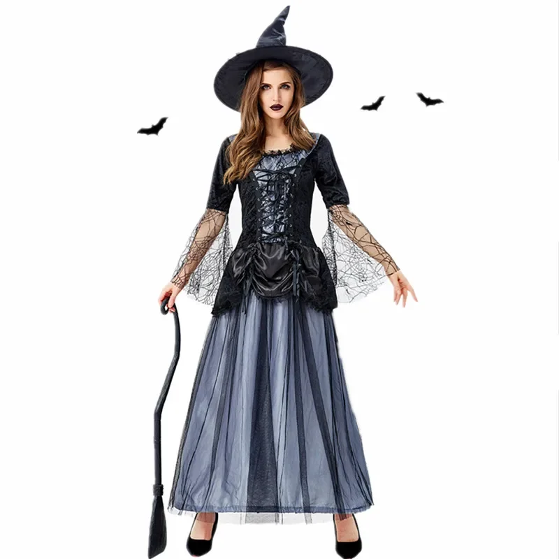 

New Halloween Adult Woman Cosplay Witch Costume Nightclub Party Lace Screen Yarn Temperament Blue Black Witch Dresses