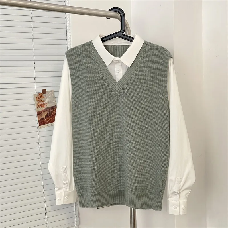 

Spring Autumn Men's Clothing Button Long Sleeve Turn-down Collar Pullover Sweater Fake Two Pieces Knitted Preppy Style Tops