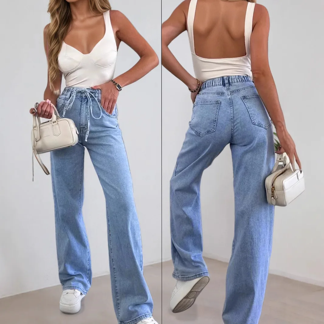 

Прямые брюки, женские джинсы длиной до пола, на шнуровке, с эластичной резинкой на талии, эластичные карманы, потертые потертые винтажные джинсовые брюки 2025 г.