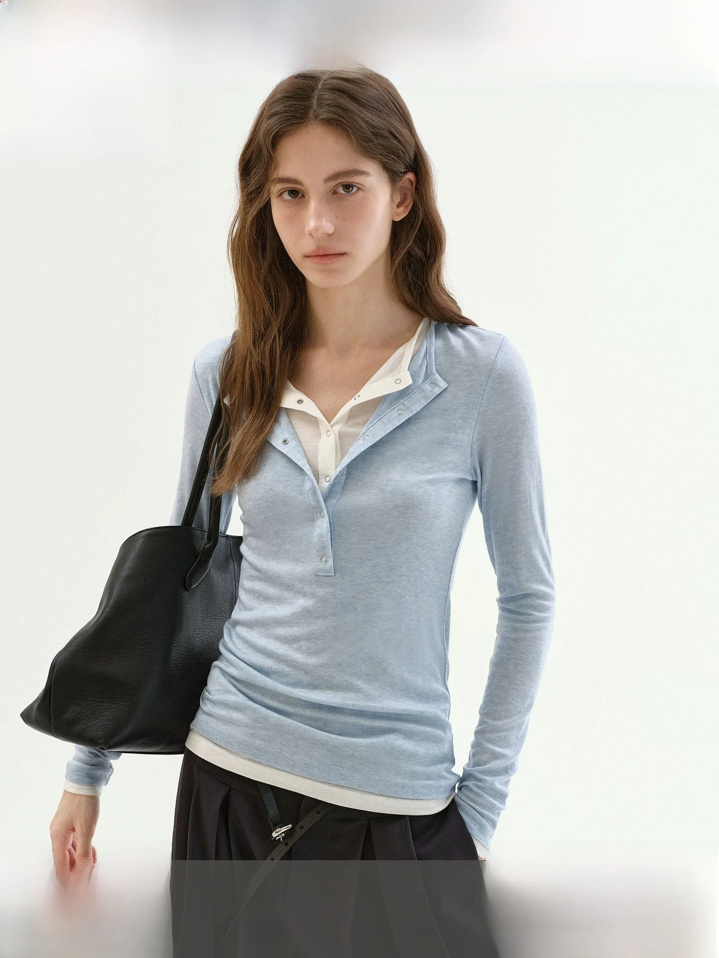 

Fano Simple Style Women's Slim Fit Long Sleeve T-Shirt Henry Collar Base Shirt Spring Commute Style Regular Length