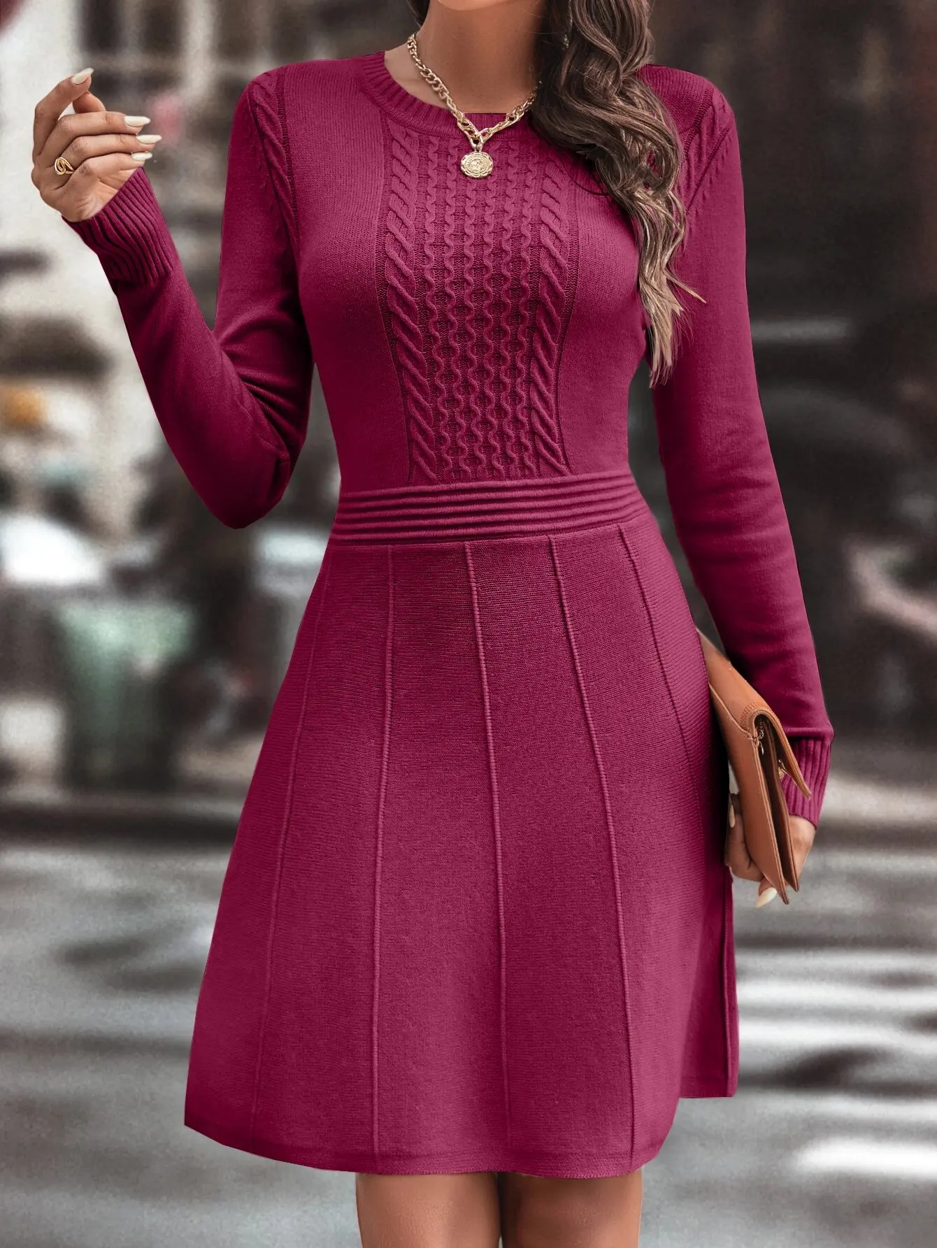 Damska sukienka dzianinowa na co dzień z wzorem w warkocze, długi rękaw, okrągły dekolt, jesień, Boże Narodzenie