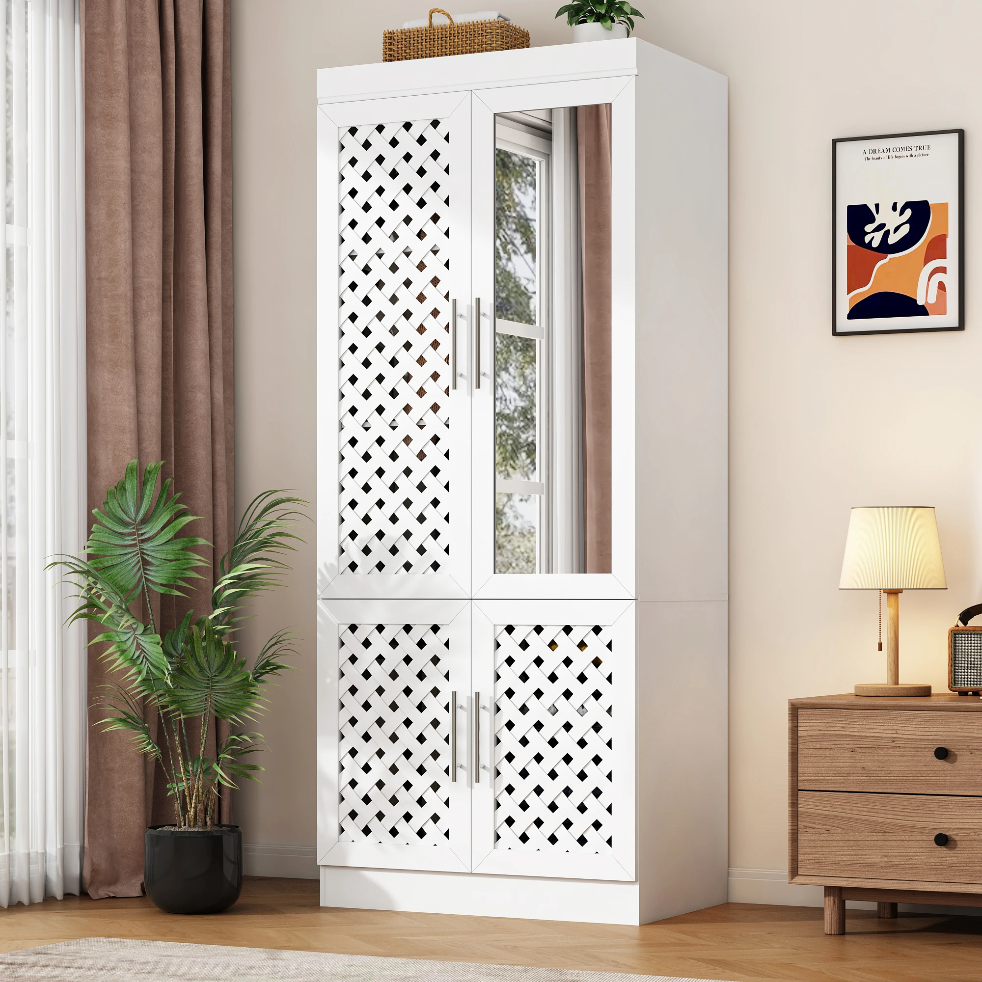 خزانة ملابس Armoire مع 4 أبواب ومرآة، خزانة خزانة ملابس بقدرة 75.6 بوصة ارتفاع مع سعة تخزين عالية، خزانة قائمة بذاتها
