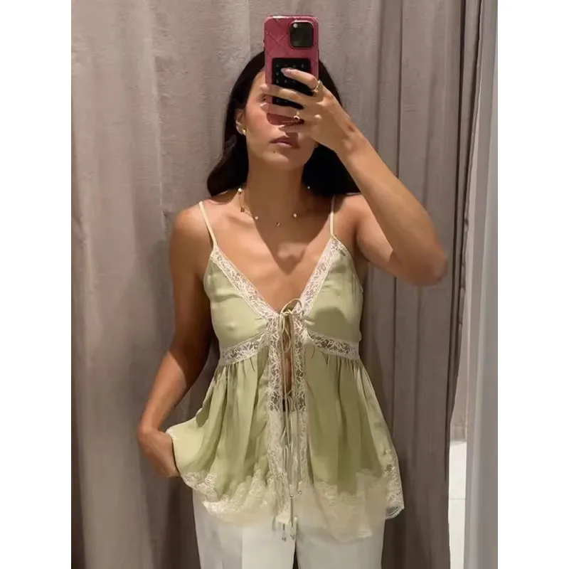Vacation Chic Tie Up V-neck Camisole Women Y2K Lace Patchwork Sexy Hollow Sleeveless Backless Ruched Boho Beach Tank Top 2026