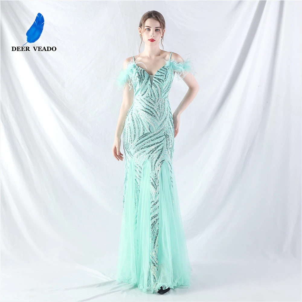 

DEERVEADO Mermaid V Neck Sequins Evening Dress with Feathers Women's Off Shoulder Formal Occasion Dresses Wedding Party Dresses