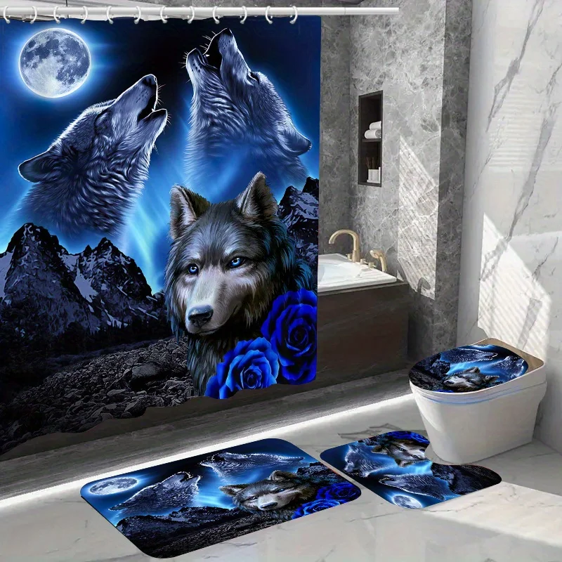 4pcs Wolf Moon Non-slip Waterproof Bathroom Shower Curtain Set with Polyester Fabric, 12 Hooks, Toilet Seat Bath Mats and Rugs