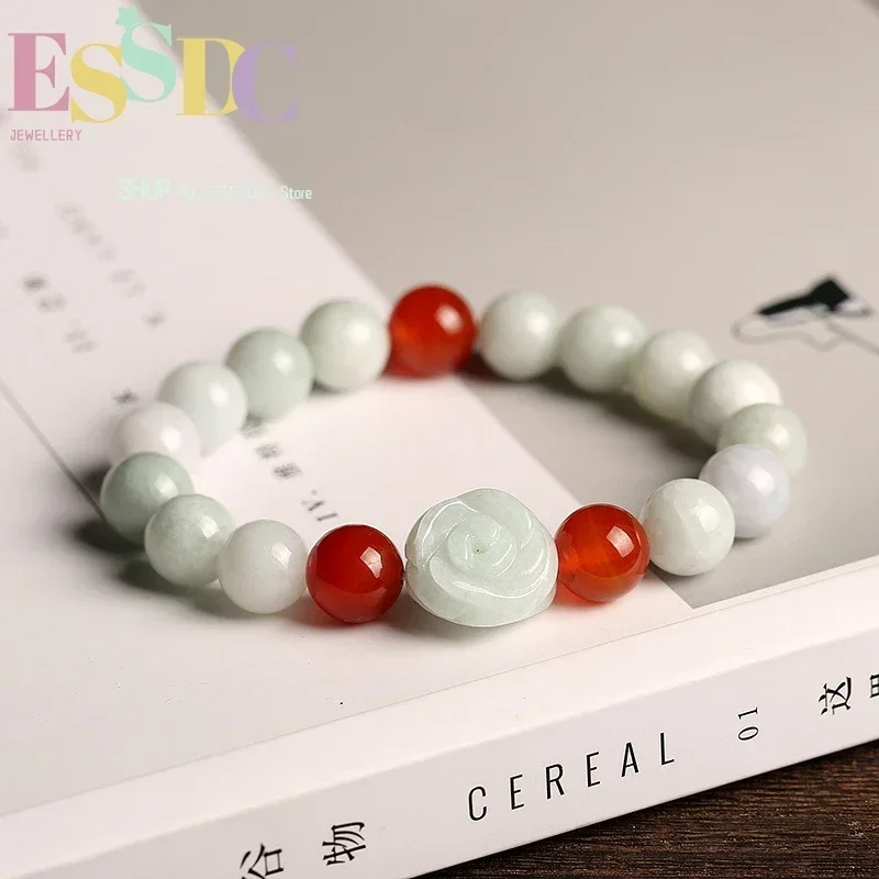 New Natural Emerald Jadeite Rose Flower  10mm Red Agate Every Bead Transfer Bracelet Men And Women Jewelry Wholesale