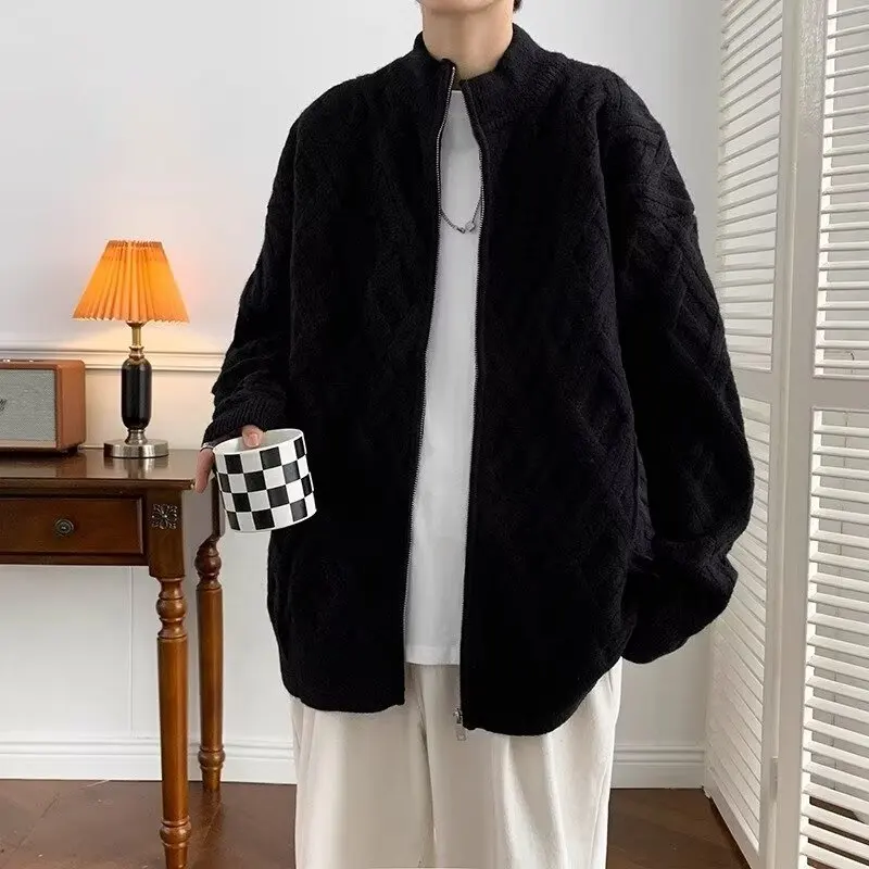 

Кардиган с воротником-стойкой, вязаная куртка на молнии, мужской весенне-осенний новый стиль, высококачественный свитер с ромбовидной сеткой, куртка