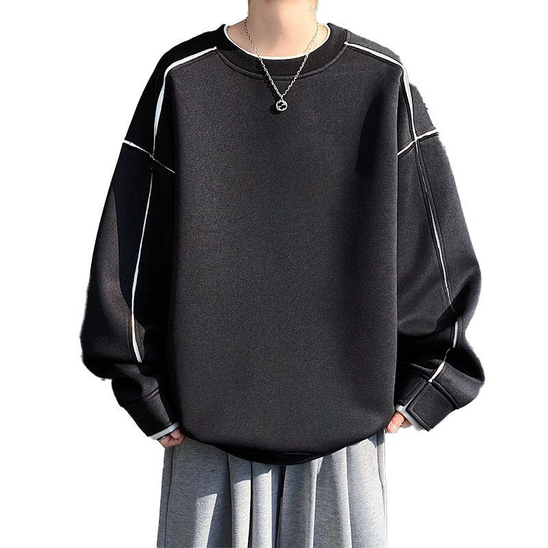 Autumn Winter Men Contrast Stitching Crew Neck Sweatshirt Plus Size Oversized Loose Casual Long Sleeve Street Pullover Tops