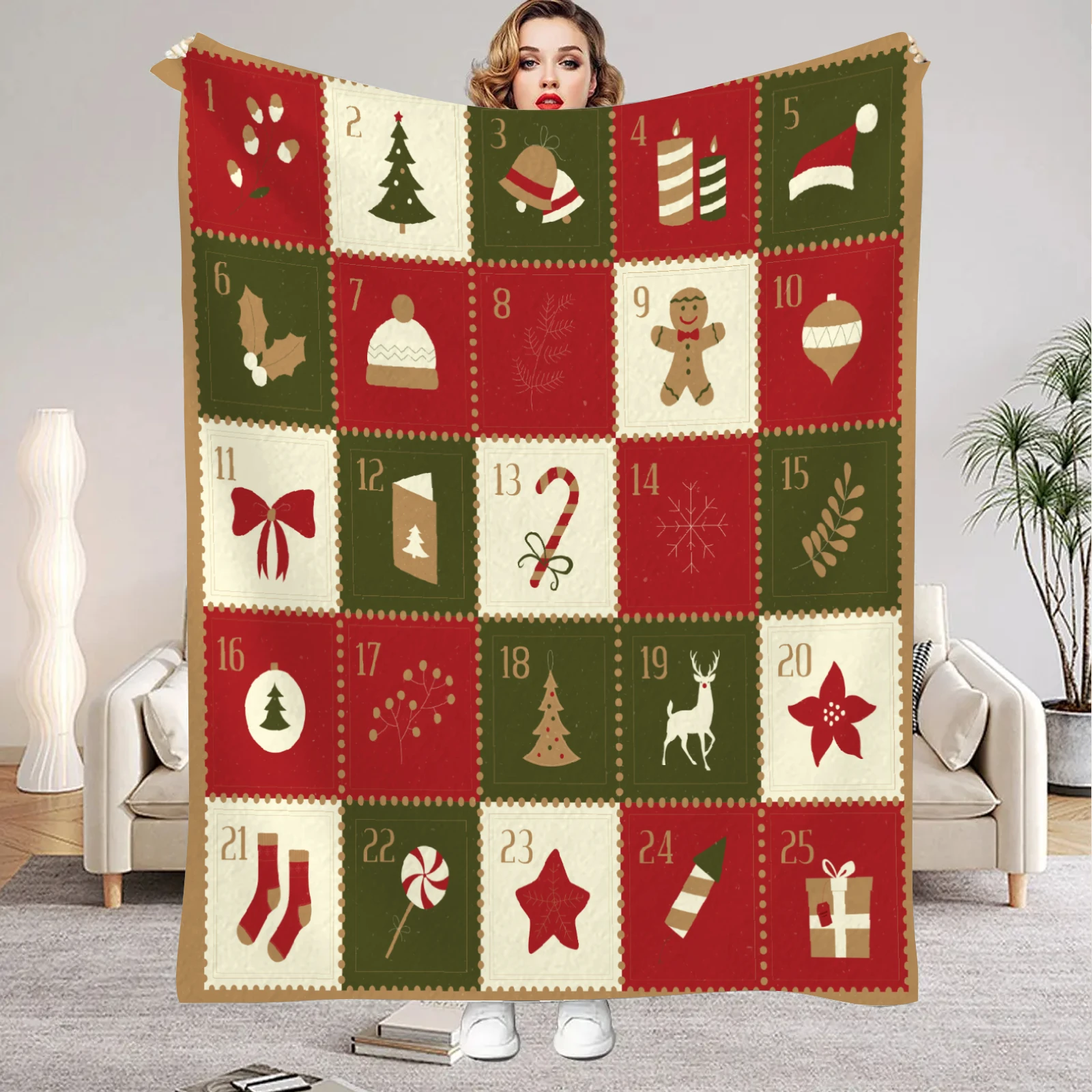 1pc Blanket Calendar Christmas Tree Star Print Smooth Flannel Blanket for Home Living Room Bedroom Decor New Year Christmas Gift
