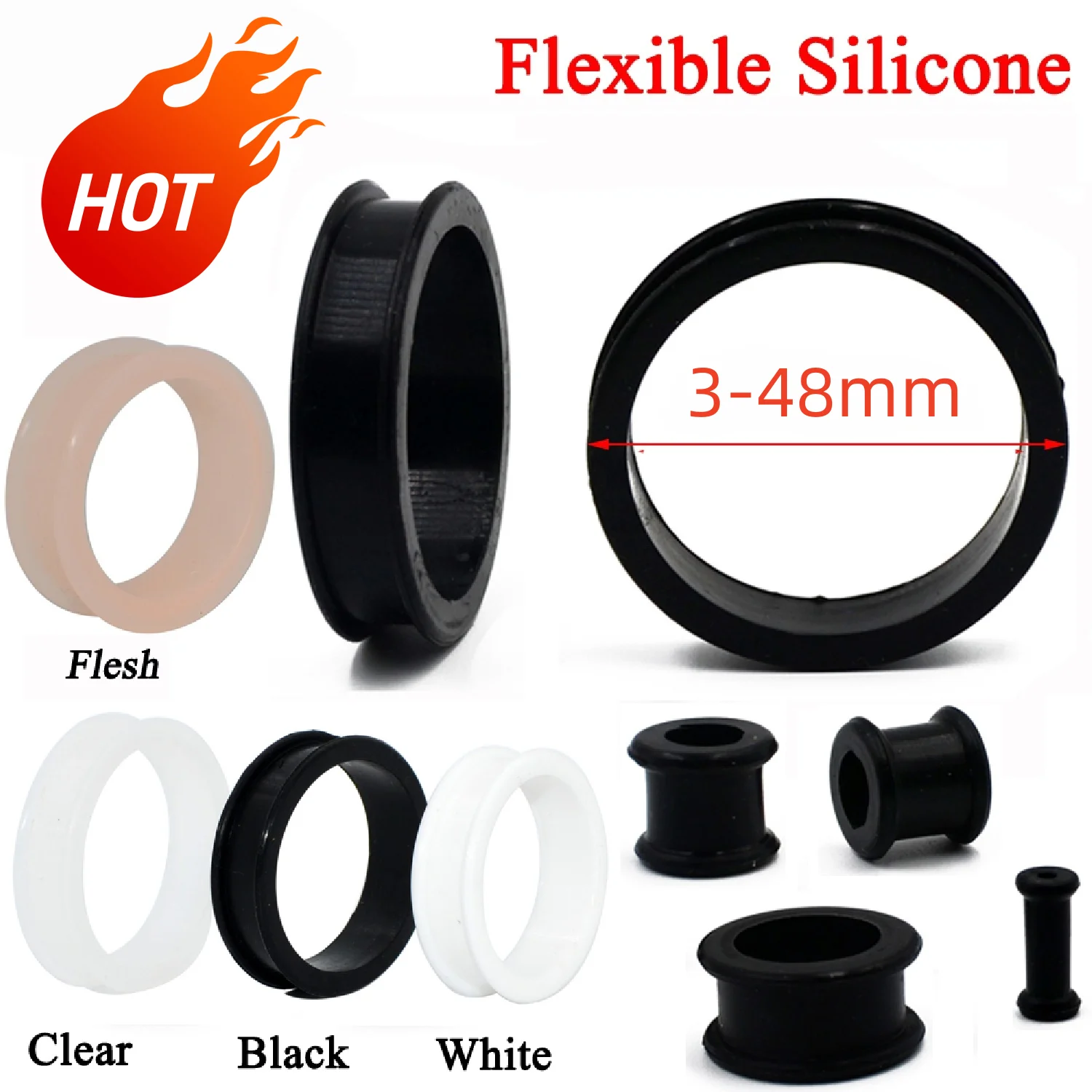1Pair 3mm-48mm Big Size Hollow Black Silicone Flexible Double Flared Flesh Ear Tunnel Plugs Gauge Expander Stretchers Jewelry
