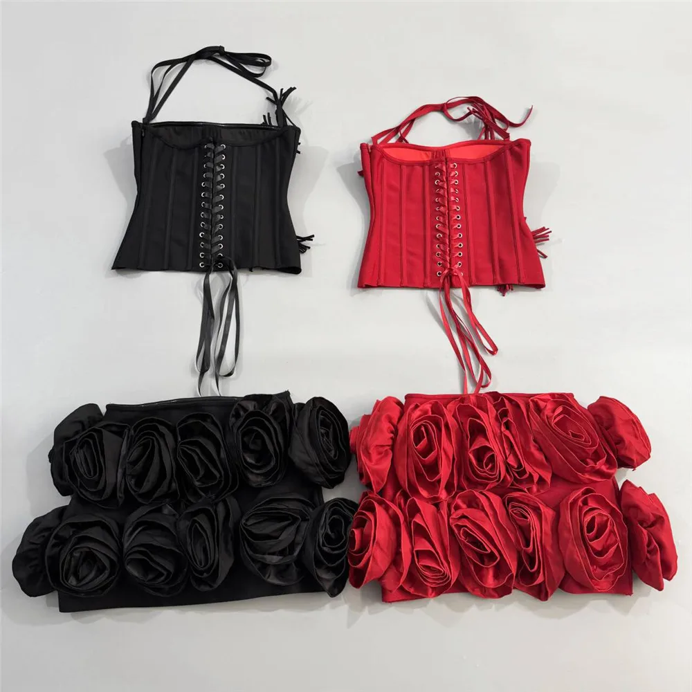 Set di fasciatura per abiti da festa in due pezzi con gonna a fiori tridimensionale europea e americana sexy con lacci sul collo