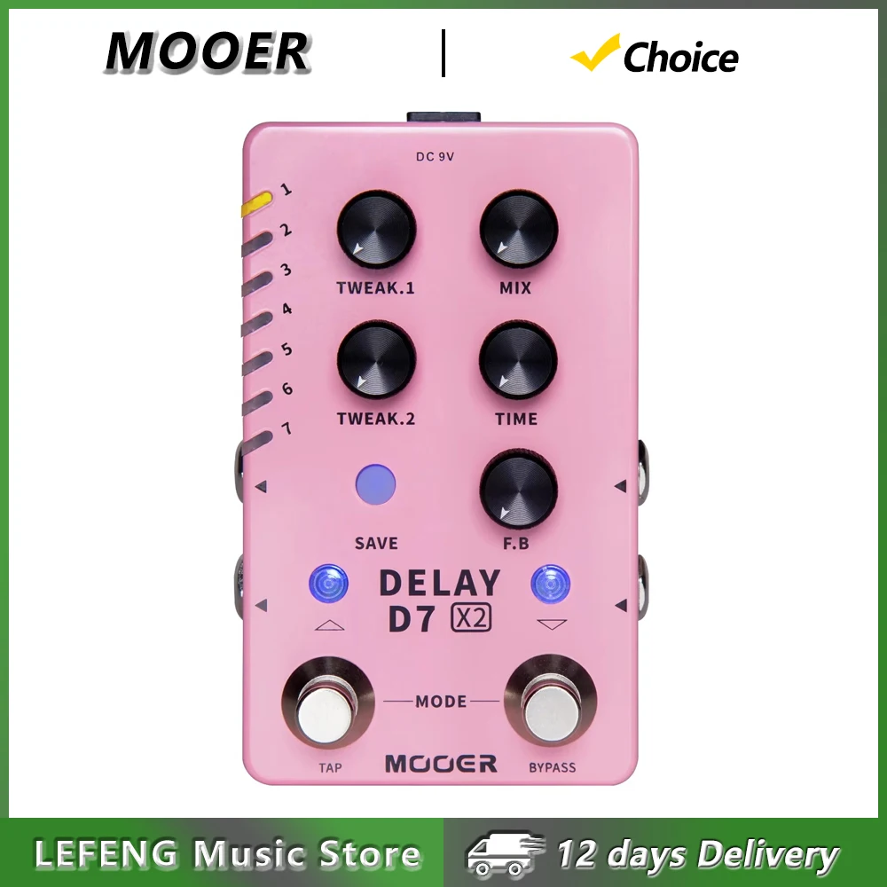 MOOER D7 Delay X2 Guitar Stereo Delay Effect Pedal Dual Footswitch Effect Pedal with Tweak Knob 14 Built-in Stereo Delay Effects