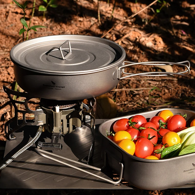 Sartén antiadherente de titanio Boundless Voyage con tapa, utensilios de cocina para acampar al aire libre, sartén de 8 pulgadas, plancha de titanio con asas plegables