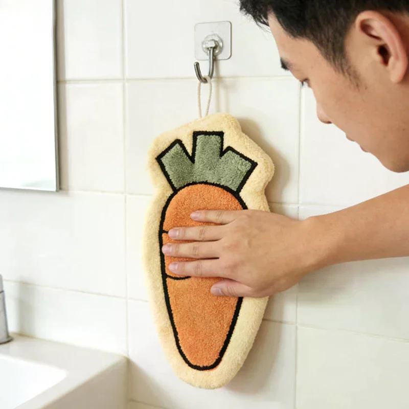 Vegetables Coral Fleece Hand Towels Carrot Tomato Design Quick-Dry Absorbent Kitchen Bathroom Hands Towel Wall Hanging Rag