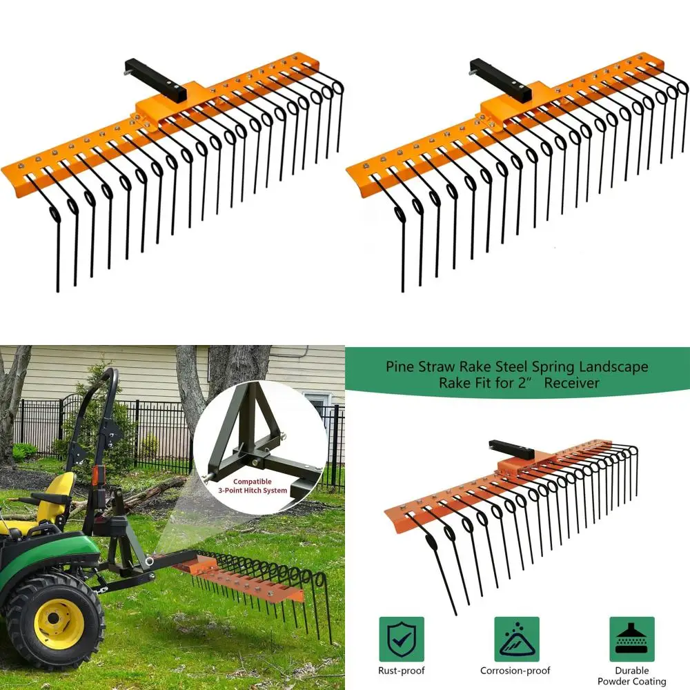 

2 Receiver Compatible Heavy-Duty Pine Spring Steel Landscaping Rake for Lawn Tractors and ATV/UTVs in Orange