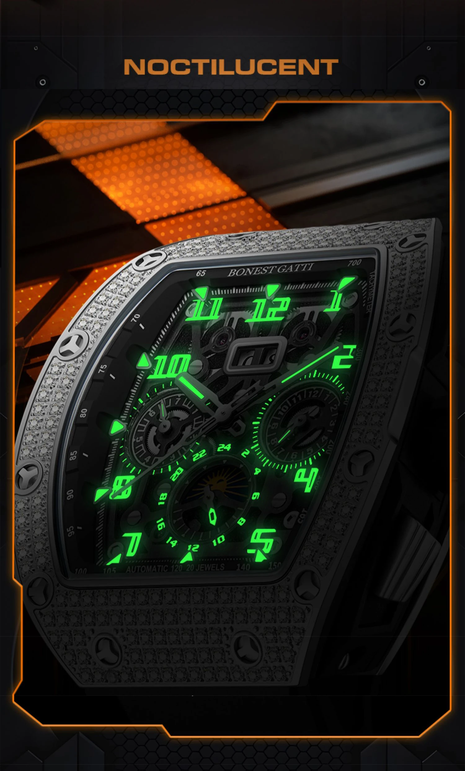 

BONEST GATTI Мужские автоматические часы 44*52 мм Механические наручные часы Tonneau Сапфировый светящийся ремешок из фторкаучука Месяц Неделя Дата